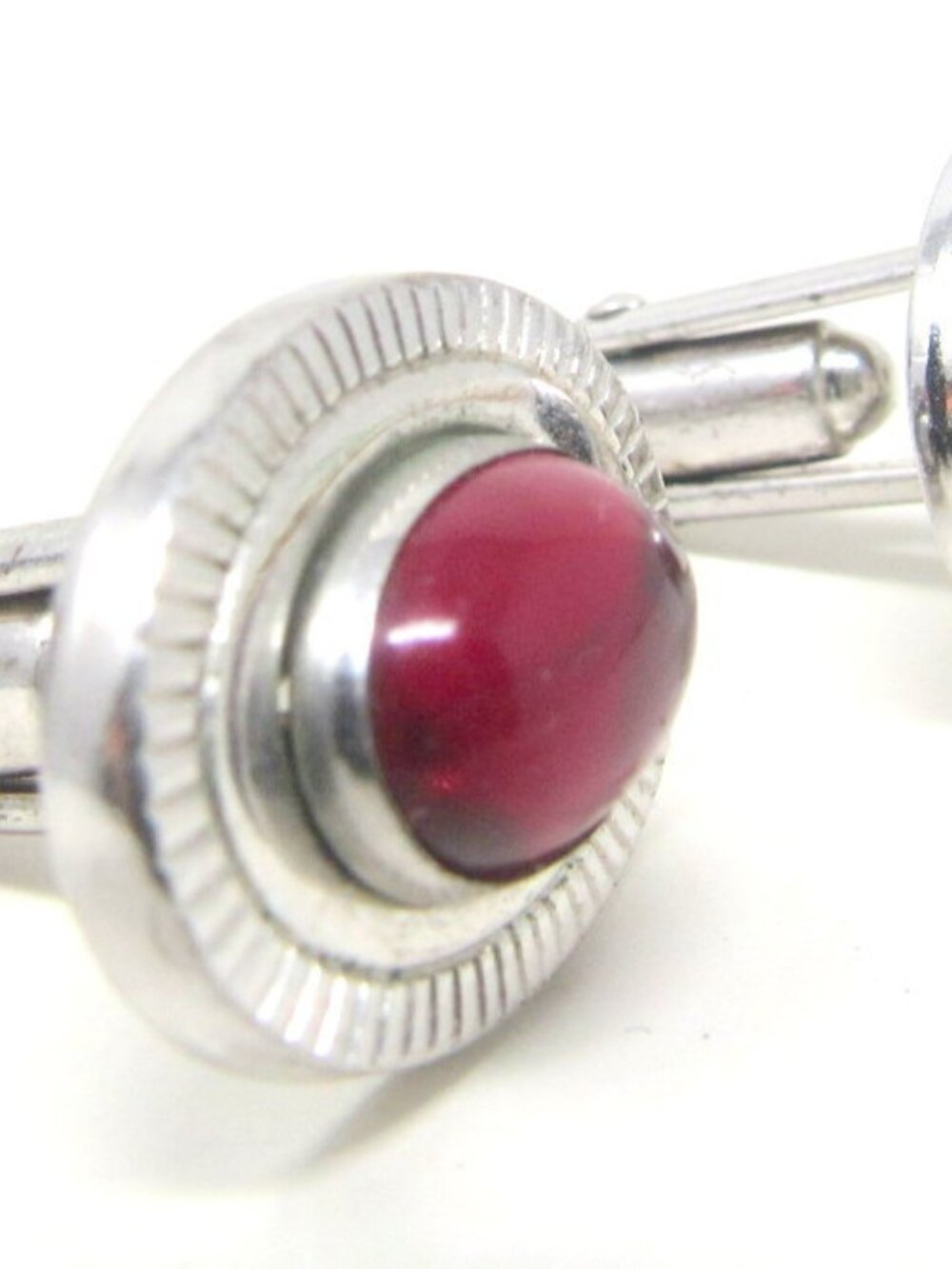 Red Oval Stones Cuff Links Mid Century 2in Silver Ruby Colored